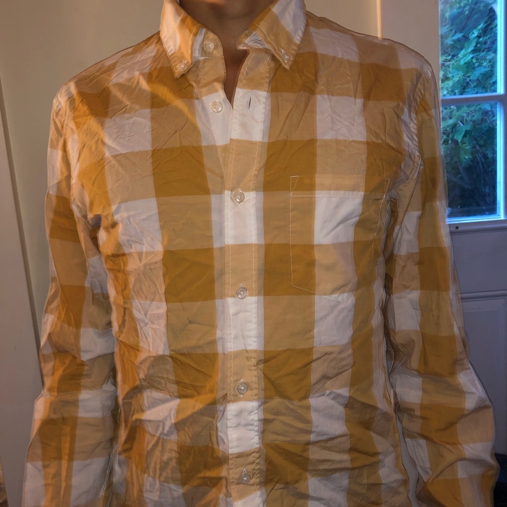 J Crew white and gold checkered button down. M